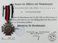A First War Hindenburg Cross & Award Document 1943