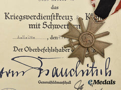 Germany, Wehrmacht. A War Merit Cross Ii With Swords And Award Document To Gefreiter Karl Hennig
