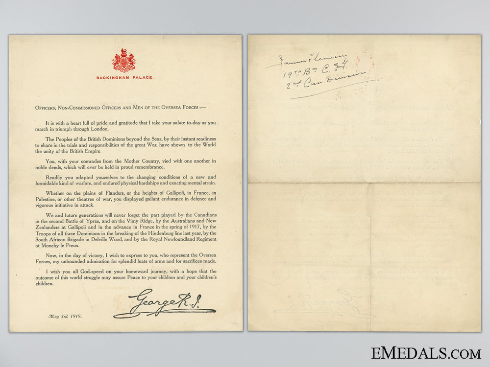 wwi_buckingham_palace_victory_thank_you_letter;19_th_cef_wwi_buckingham_p_538dd5554320b